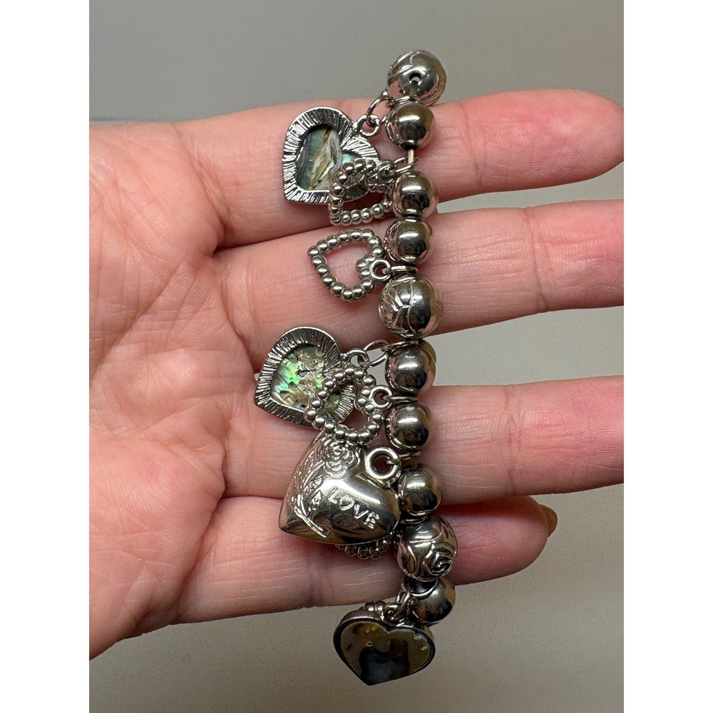 Silver Tone Abalone Shell Heart Charm Beaded Toggle Bracelet Love Rose